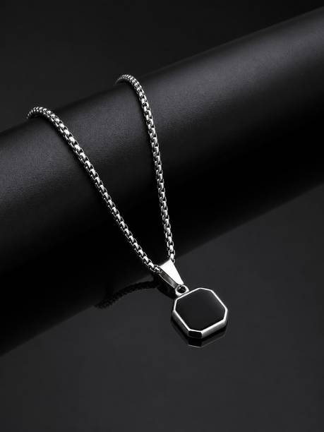 Black Square Pendant Chain for Men | Stylish Minimal Locket Necklace Stainless Steel Necklace