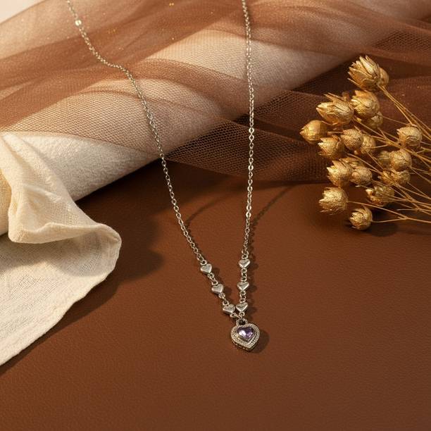 Modern Purple Heart Pendant Chain for Girls Fashion Style Silver Plated Stainless Steel Necklace