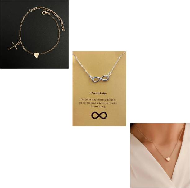 Oralia Silver Infinite Necklace &amp; Mini Golden Heart Necklace With Bracelet Set Combo Silver Plated Alloy Choker