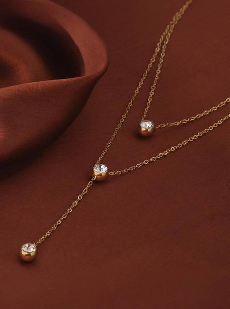 PALMONAS Two Layered Solitaire Drop Necklace for Womens Cubic Zirconia Gold-plated Plated Stainless Steel Necklace