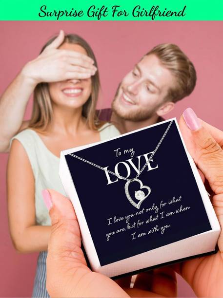 Jewelwale Love Message Pendant Necklace Gift for Girlfriend Zircon Rhodium Plated Stainless Steel Chain