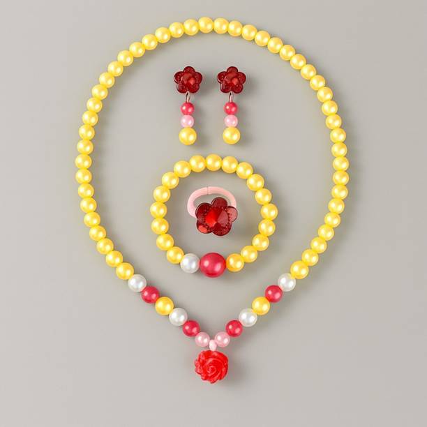 SYGA 5 Piece Jewellery Set for Girls, Necklace, Earrings, Bracelet & Ring For Kids Beads Plastic Necklace Set