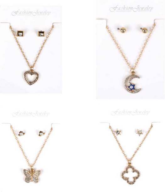 Set Of 4 Combo Korean Gold Plated Necklace With Earring For Women & Girls Gold-plated Plated Alloy Necklace Set