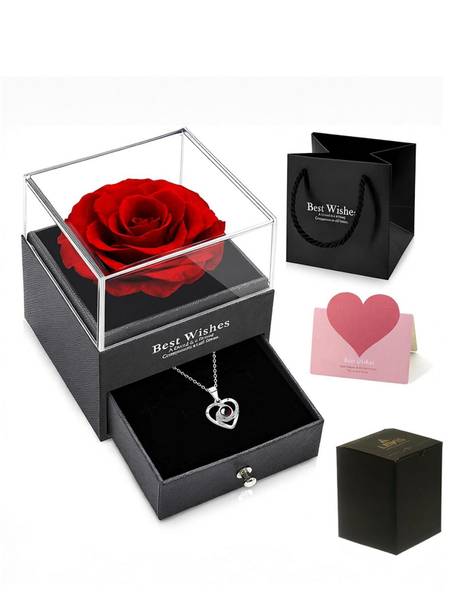 LeWIS LEWIS Red Rose with Heart Love You Necklace in 100 Languages Gift Set Cubic Zirconia Copper Plated Copper Necklace
