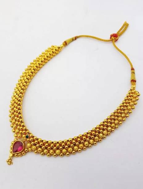 Traditional Wedding Maharashtrian Kolhapuri Thushi Necklace Set Jewellery Pearl, Crystal Gold-plated Plated Copper Necklace