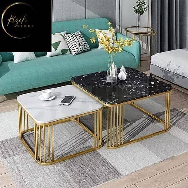 TRADITIONALCRAFT Modern Nesting Coffee Table Set Square Black Marble & White Marble Top with Gold Metal Nesting Table