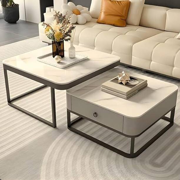 DECHUB DECHUB 2-Piece Square Drawer Coffee Table Set | Marble Look MDF Top Metal Nesting Table