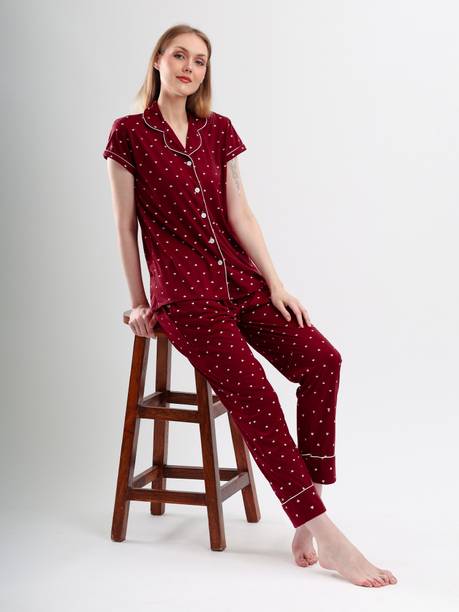 Maroon Self Design Printed Graphic Print Women's Night Suit Set