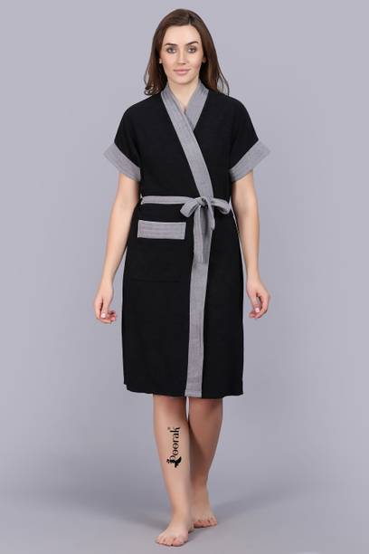 Poorak Grey Black Free Size Bath Robe
