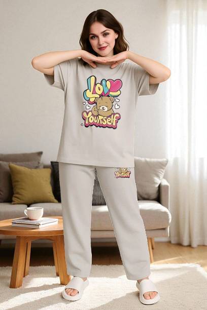 Women Night Suit Set Grey Printed