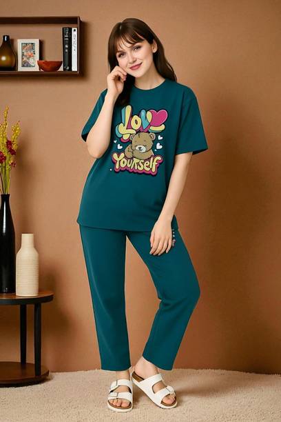 Women Night Suit Set Dark Blue Printed