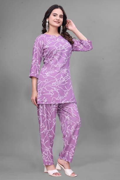 Riken Creation Women Purple Printed Top & Pyjama Set