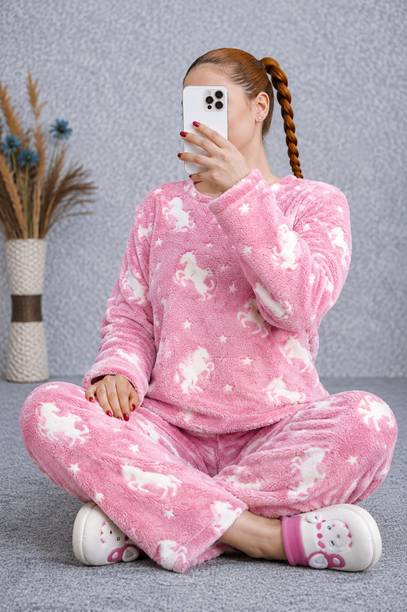 Women Top & Pyjama Set Pink Self Design