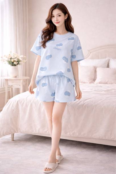 Women Top & Shorts Set Blue Printed