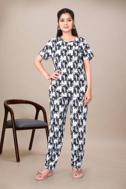 Women's Grey Abstract Night Suit Set