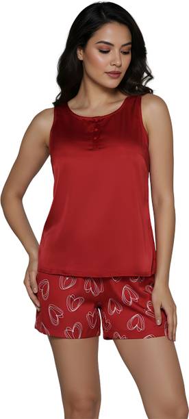Women Night Suit Set Red Solid
