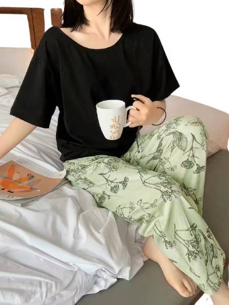 Women Top & Pyjama Set - Black Striped, Solid