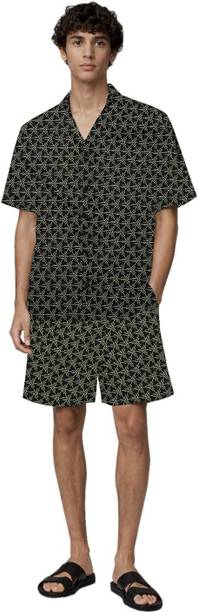 Men's Green Geometric Print Top & Shorts Set