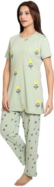 Women Night Suit Set Light Green Graphic Print