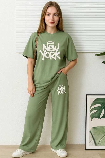 Women Top & Pyjama Set Light Green Self Design