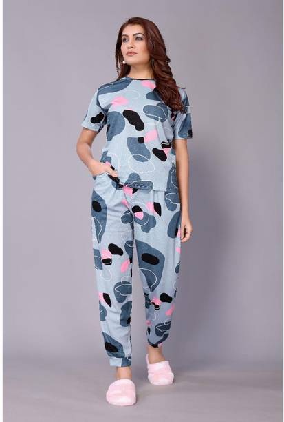 VJ Fashion Women Printed Grey Top & Pyjama Set