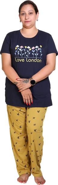 Women Night Suit Set Dark Blue, Yellow Printed