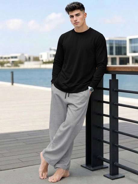 Blive Men Solid Black Grey Night Suit Set