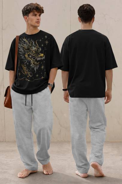 Men's Black and Grey Graphic Print Night Suit Set