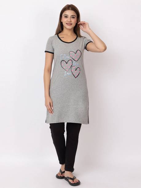 Women Night Suit Set Grey, Black Printed