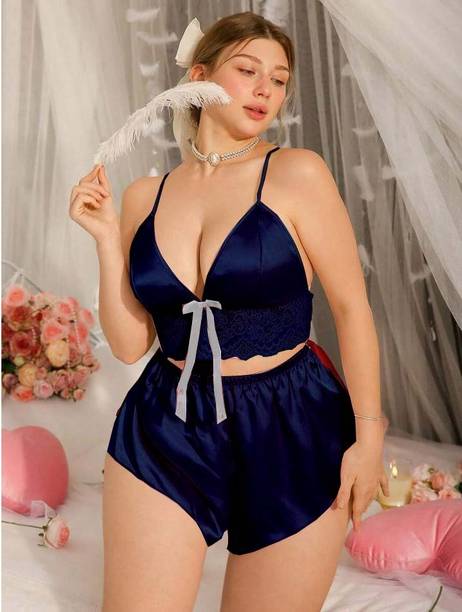 Somniva Women Top & Shorts Set Blue Self Design