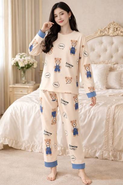 Women Top & Pyjama Set Beige Printed