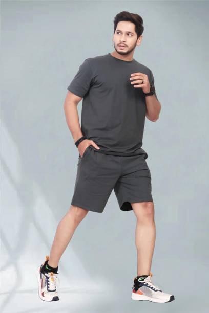 Divra Clothing Men Solid Grey Top & Shorts Set