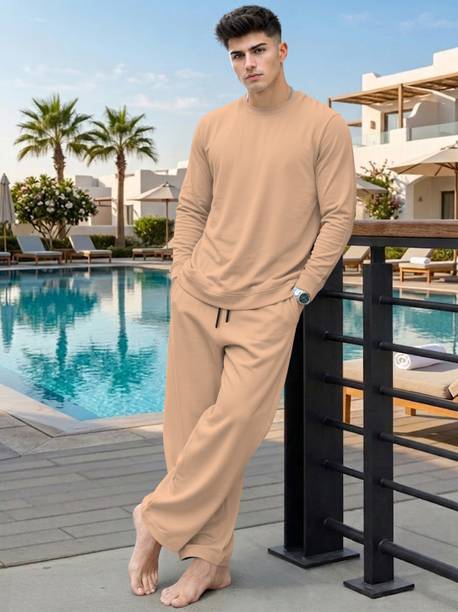 Blive Men Solid Beige Night Suit Set