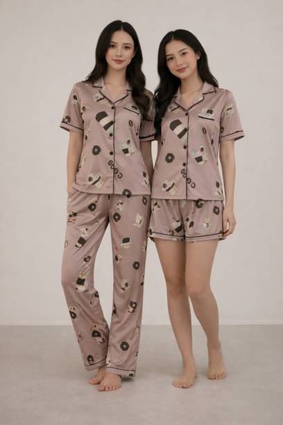 Women Night Suit Set Brown Graphic Print