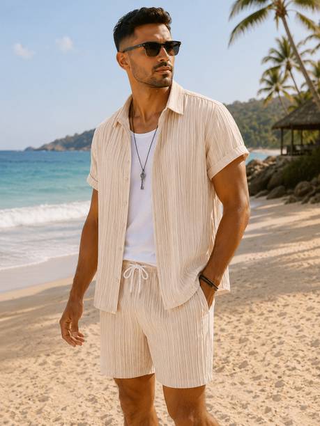 Coollinen Men Self Design Beige Night Suit Set