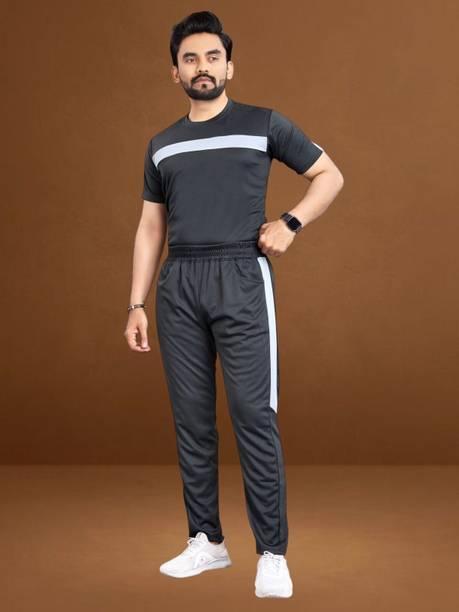 Men's Black Self Design Night Suit Set