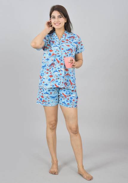 Women Night Suit Set Light Blue Animal Print