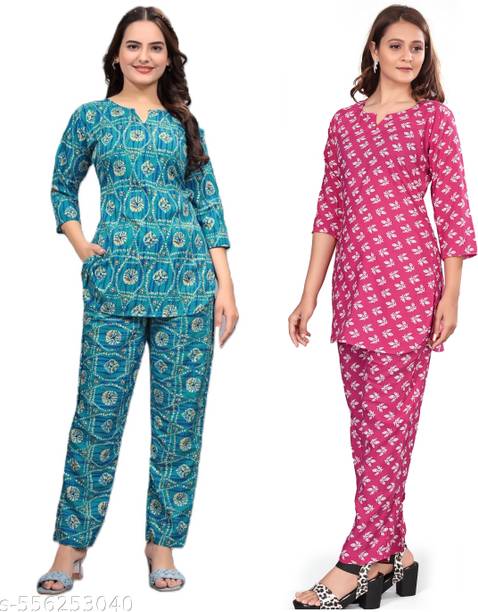 Women Top & Pyjama Set Multicolor Printed