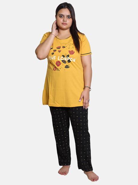 Women Top & Pyjama Set Yellow Printed