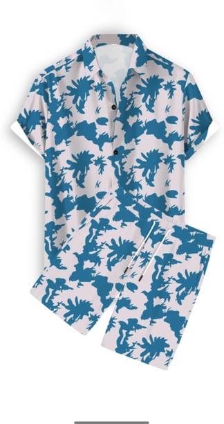 Men's Light Blue Striped Top & Shorts Set