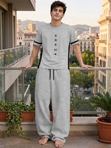 Men Night Suit Set Grey Printed