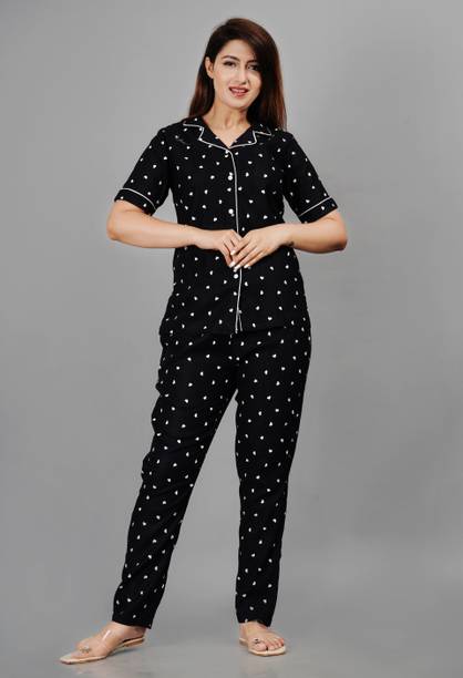 Zivsy Women Printed Black Night Suit Set