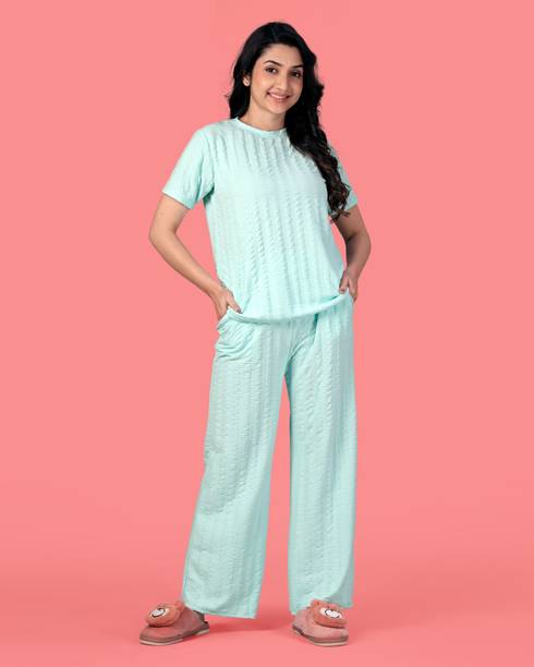 Sakarmaa Light Blue Self Design Women Top & Pyjama Set