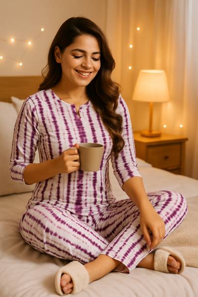 Women Night Suit Set Pink Striped