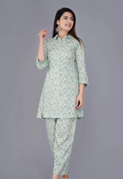 Women Night Suit Set Green Printed
