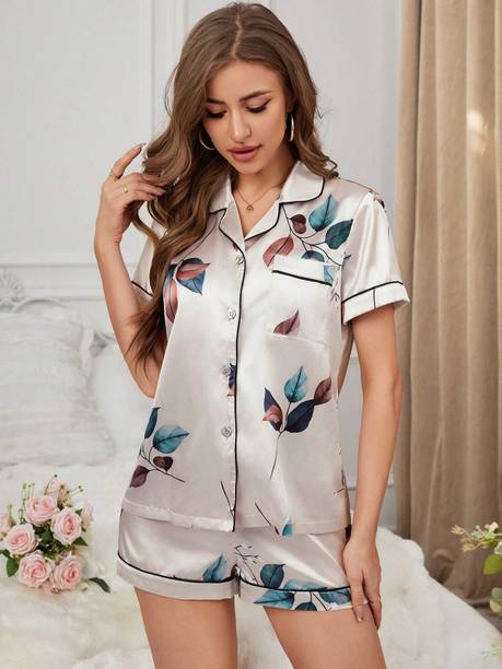 Women's Silver Printed Graphic Night Suit Set