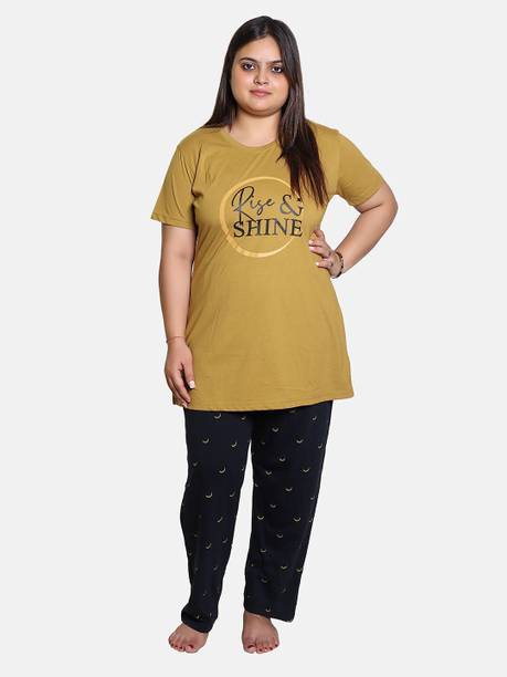 Women Night Suit Set Yellow Printed