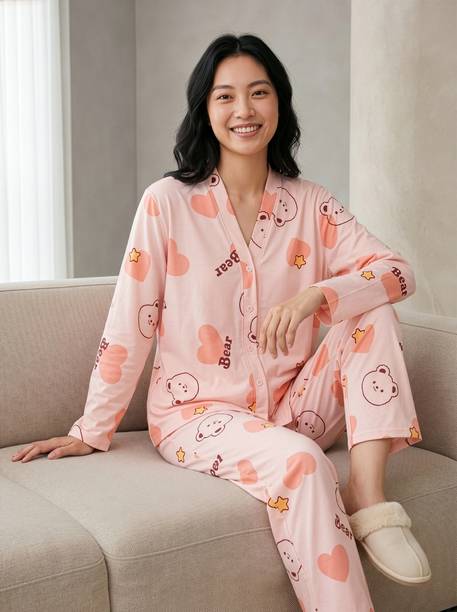 Women Top & Pyjama Set Pink Floral Print