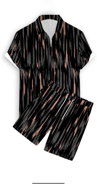 Gatishvam Textile Men Top & Shorts Set - Black Striped, Abstract, Printed