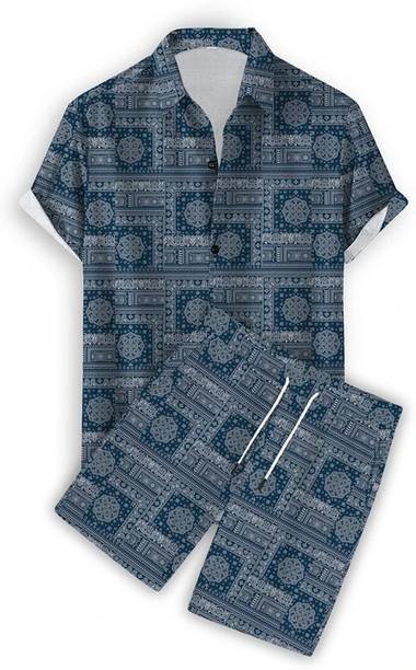Men's Night Suit Set Beige Printed